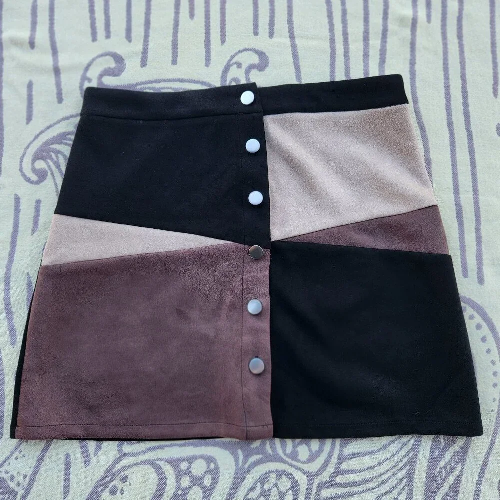 Altar'd State M- BLACK/TAN/BROWN COLORBLOCK MINI SKIRT FAUX SUEDE - Picture 1 of 4